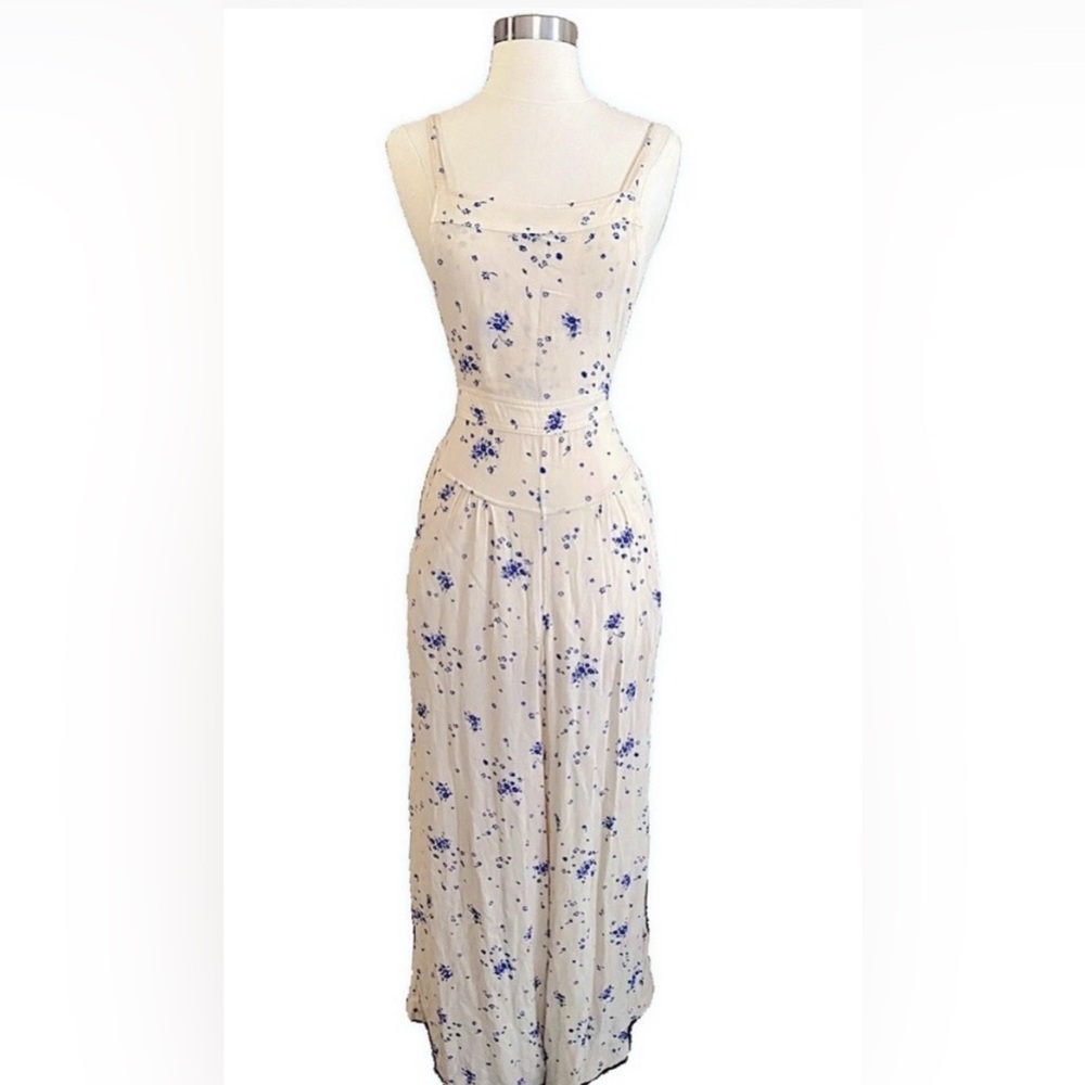 Free People Ivory and Cobalt Floral Blouse